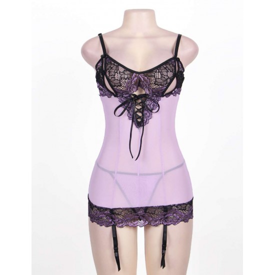 Purple Plus Size Cross-Dye Lace Peek-A-Boo Cup Chemise 