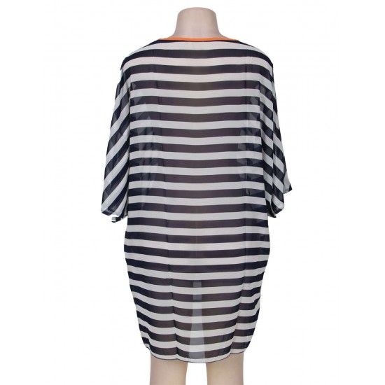 Kimono Sleeve Chiffon Black  White Striped Beachwear