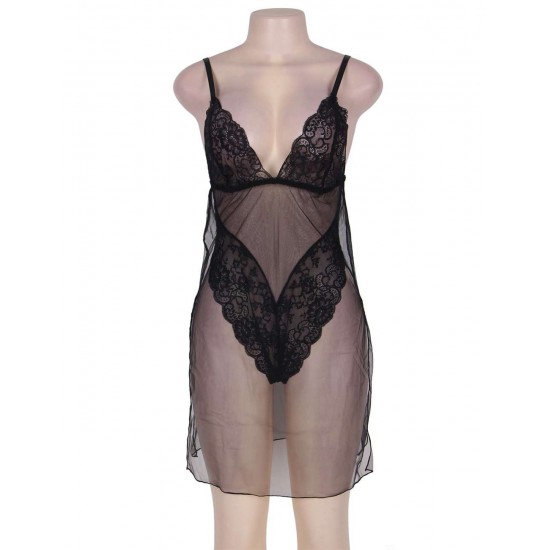 Lace Cup Black Mesh Sexy Teddy