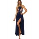 Elegant Dark Blue Embroidery Backless Long Dress