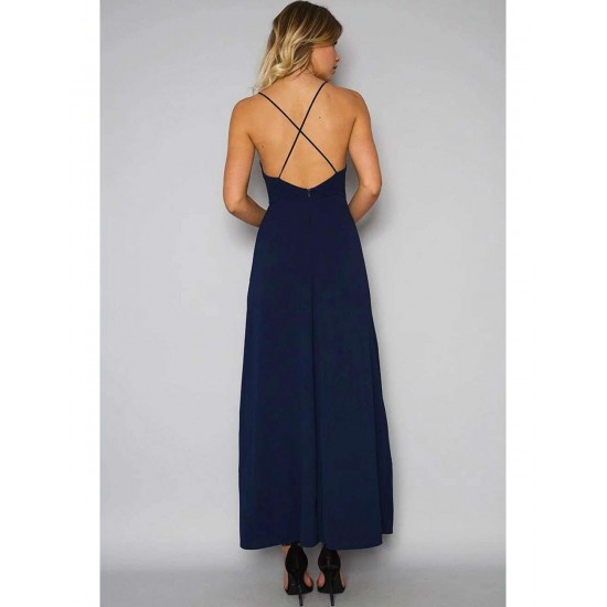 Elegant Dark Blue Embroidery Backless Long Dress