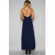 Elegant Dark Blue Embroidery Backless Long Dress