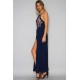 Elegant Dark Blue Embroidery Backless Long Dress