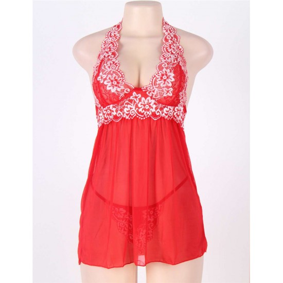 Red Lace stitching Halter Open Back Sleepwear 