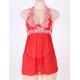 Red Lace stitching Halter Open Back Sleepwear 