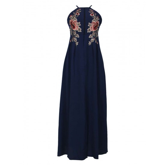 Elegant Dark Blue Embroidery Backless Long Dress