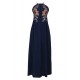 Elegant Dark Blue Embroidery Backless Long Dress