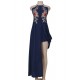 Elegant Dark Blue Embroidery Backless Long Dress