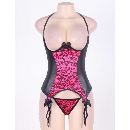 Rosy And Black Plus Size Leather Halter Open Cup Bustier