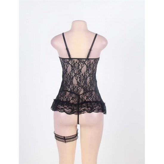 Sexy Floral Sheer Lace Fly-Away Black Babydoll