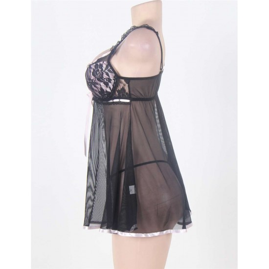 Black Sheer Lace Plus Size Babydoll With Pink Ribbon