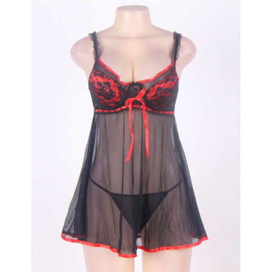 Mesh Black Transparent Babydoll With Red Ribbon