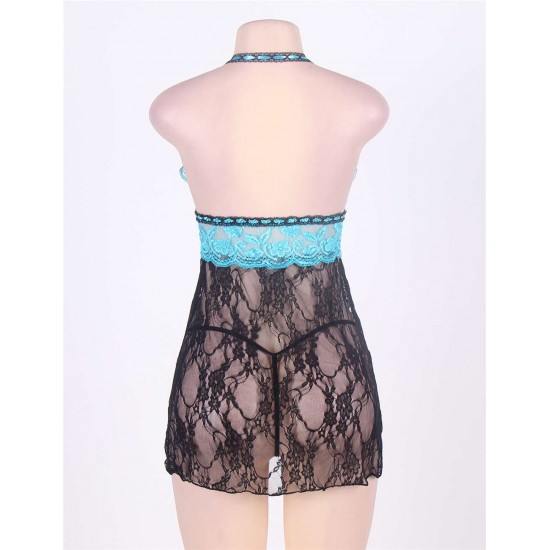 Sexy Halter Sheer Blue And Black Lace Babydoll