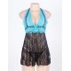 Halter Sheer Blue And Black Lace Plus Size Babydoll