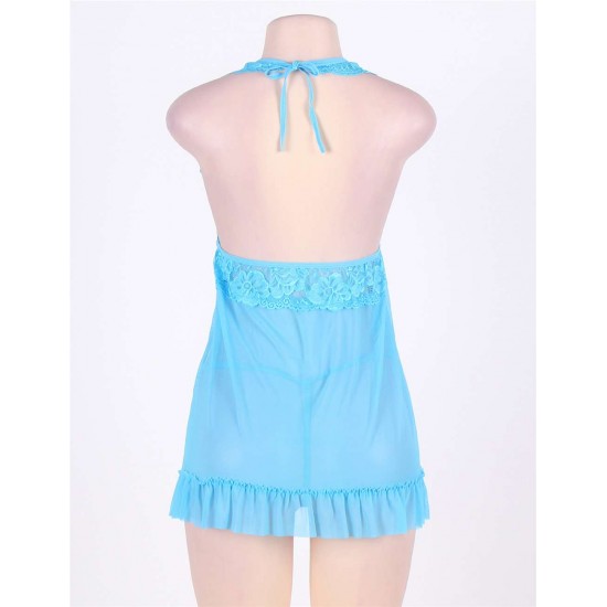 Elegant Light Blue Open Back Lace Chemise