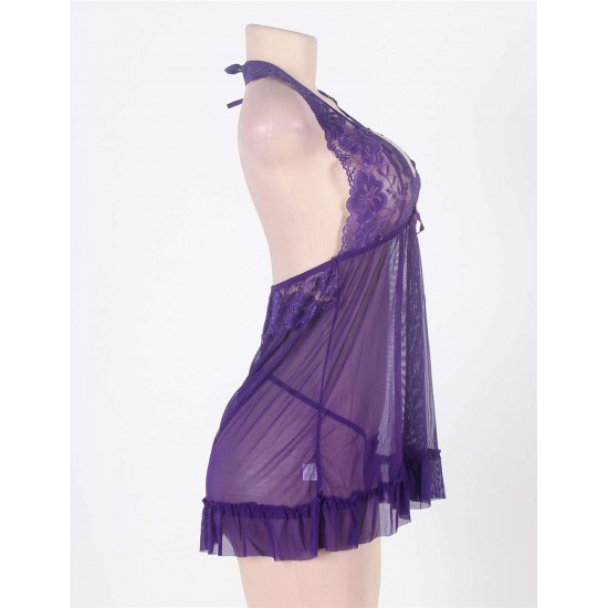 Sexy Halter Transparent Scalloped Purple Babydoll