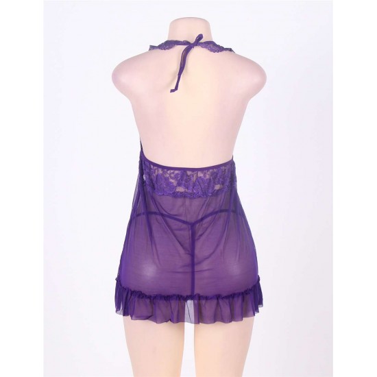 Sexy Halter Transparent Scalloped Purple Babydoll