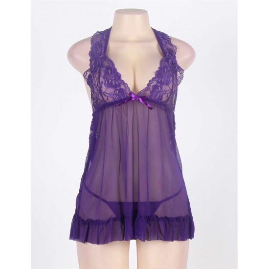 Plus Size Purple Halter Transparent Babydoll