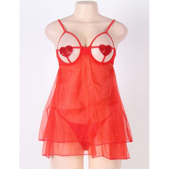 Red Open Bra Sexy Heart Attack Babydoll