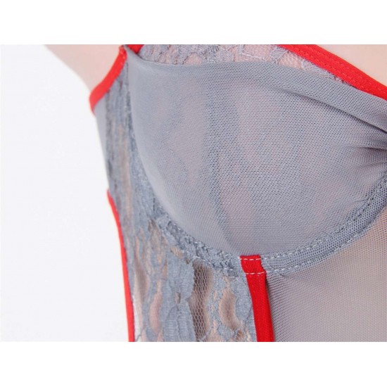 Gray And Red Sheer Skirted Teddy