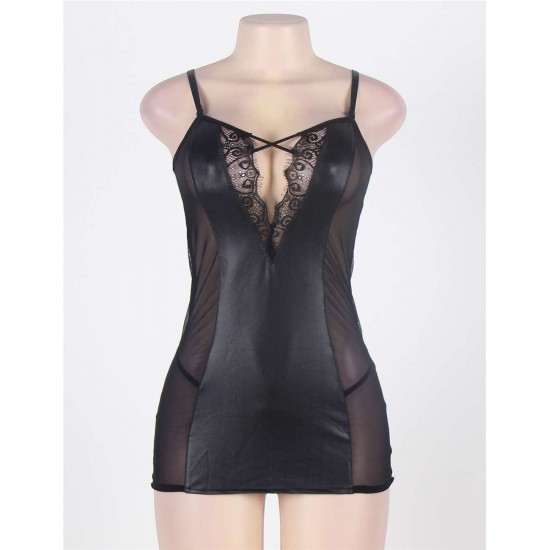 Black Plus Size Leather Chemise With Lace Eyelash