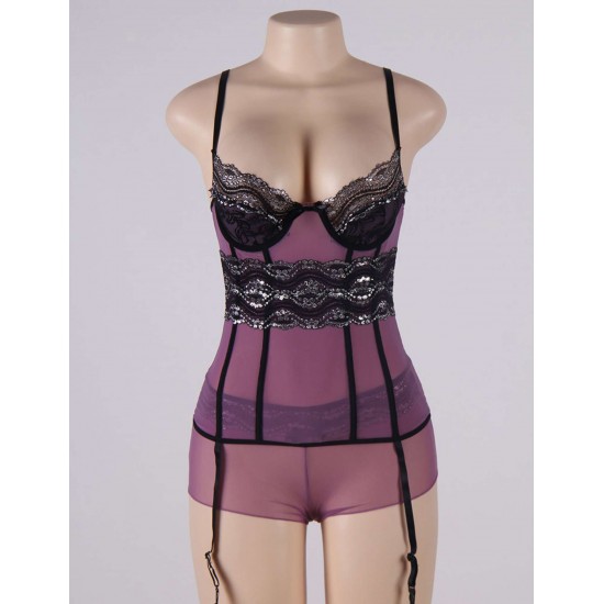 Purple Mesh And Metallic Lace Babydoll