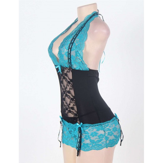 Halter Black And Blue Lace Open Back Plus Size Babydoll