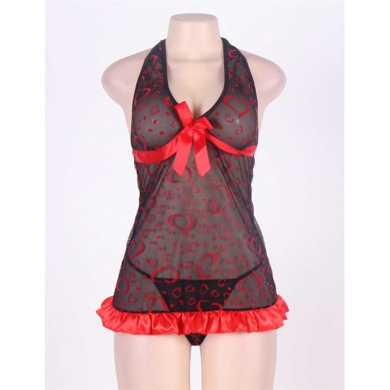 Sexy Halter Red Heart Print Nightie Lingerie