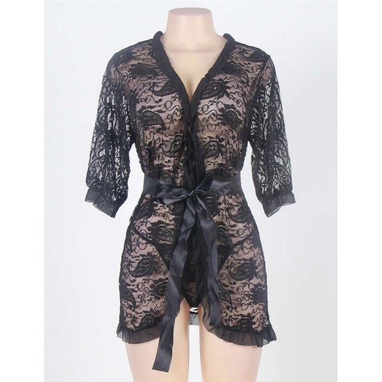 Sexy Black Half Length Belted Lace Nightwear