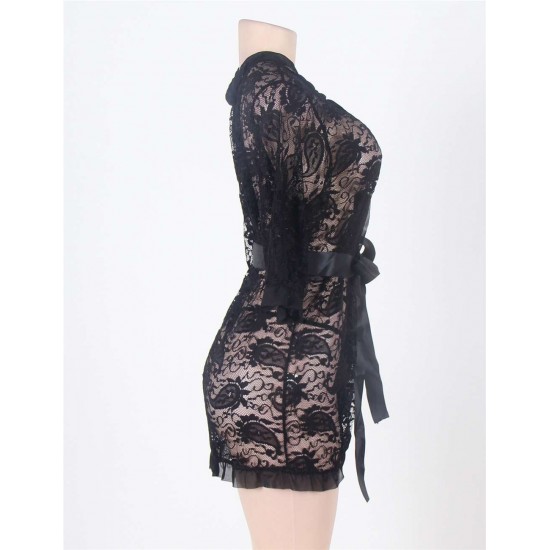 Black Half Long Sleeve Lace Plus Size Women Lingerie