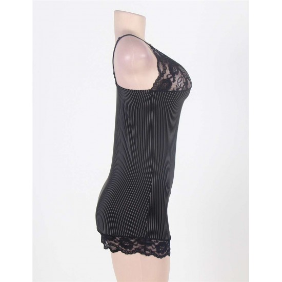 Sexy Black Vertical Stripe Lace Trim Babydoll