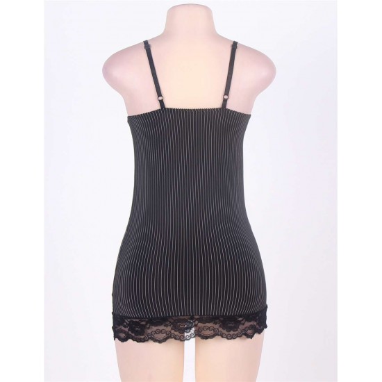 Sexy Black Vertical Stripe Lace Trim Babydoll