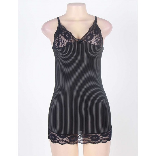 Sexy Black Vertical Stripe Lace Trim Babydoll