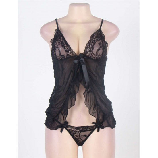 Sexy Black Lace Mesh Ruffle Fly Away Babydoll With G String 