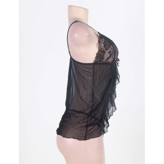 Sexy Black Lace Mesh Ruffle Fly Away Babydoll With G String 