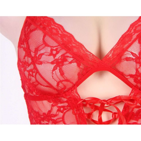 Red Lace Round Open Back Teddy Lingerie