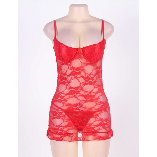 Sexy Red Floral Lace And Mesh Babydoll Lingerie