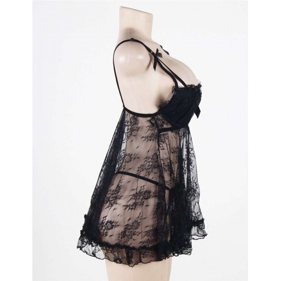 Sexy Black Lace Mesh Babydoll Dress Nightwear