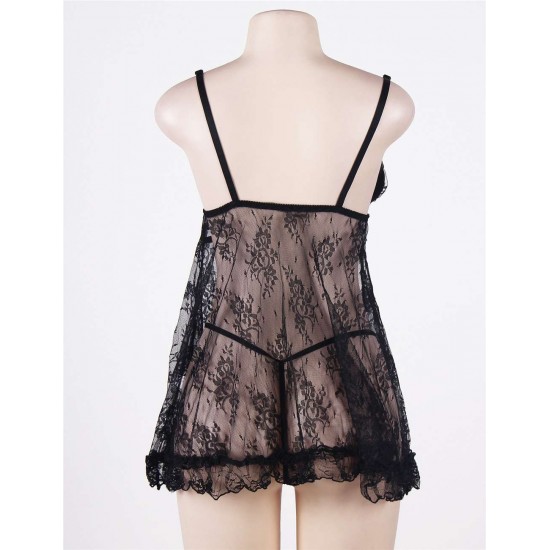 Black Scalloped Lace Ruffle Decor Plus Size Babydoll