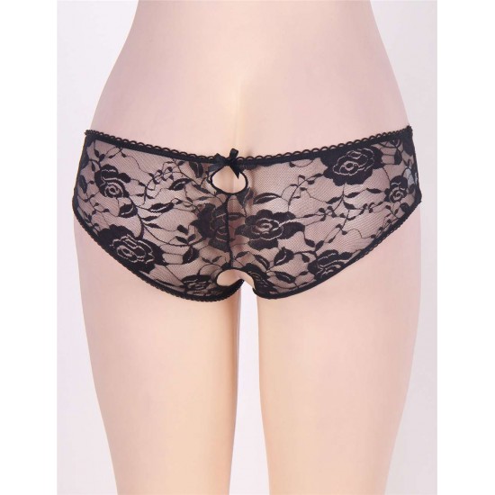 Black Plus Size Open Crotch Strappy Lace Thongs