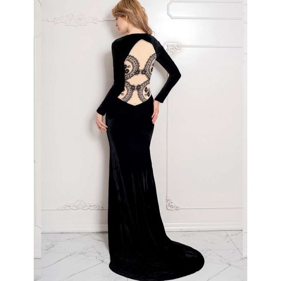 Black Long Sleeve Pattern Back Sheer Prom Dress