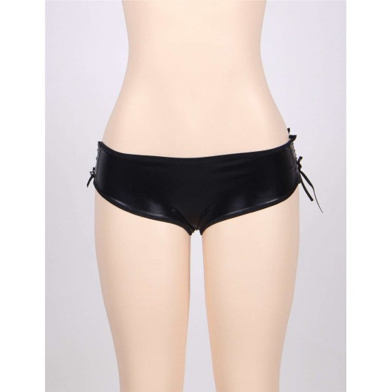 Leather Open Crotch Strappy Black Panty