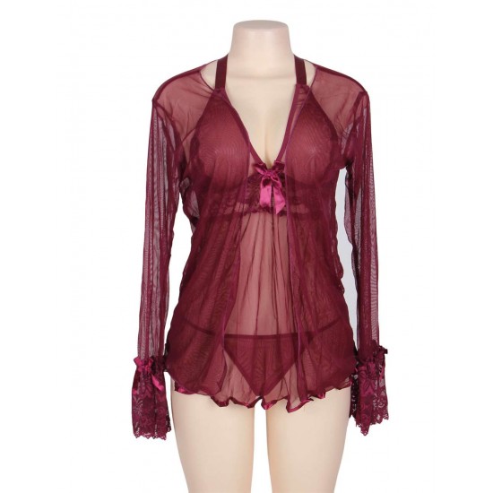 Sexy Red Wine Lace 3pcs Lingerie Set