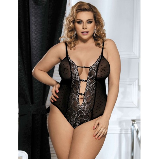 Plus Size Halter Teddy With Lace Embroidery