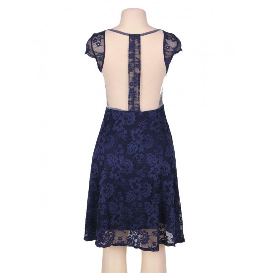 Lace Round Neck Elegant Blue Bodycon Dress