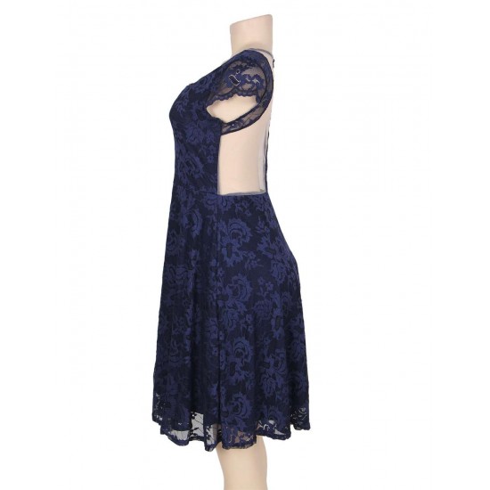 Plus Size Lace Round Neck Elegant Blue Bodycon Dress