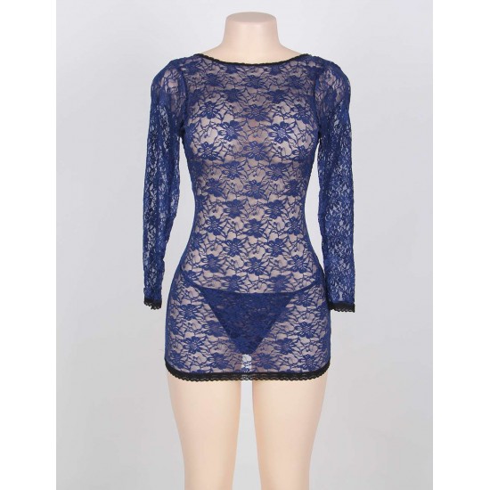 Blue Plus Size Long Sleeve Croch Back Babydoll