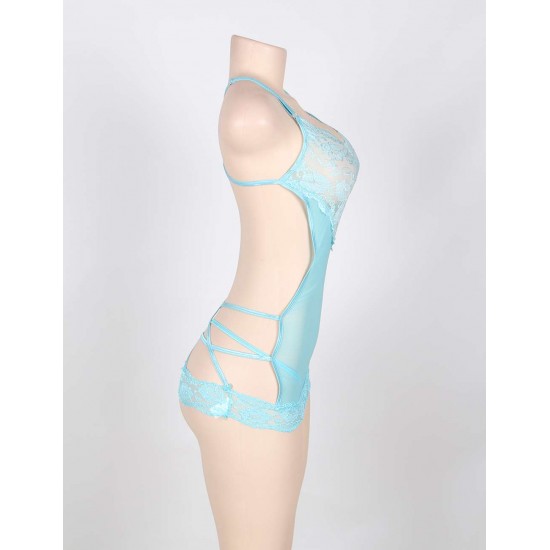 Sexy Lace Trim Blue Strappy Back Babydoll Chemise