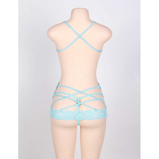 Sexy Lace Trim Blue Strappy Back Babydoll Chemise