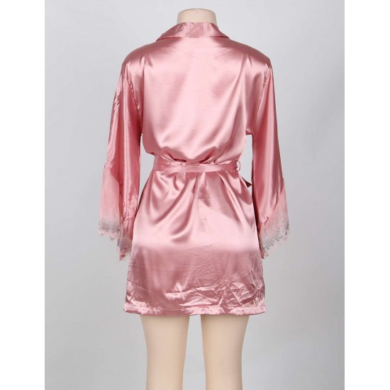 Two-Piece Satin Pink Belted Sleepwear